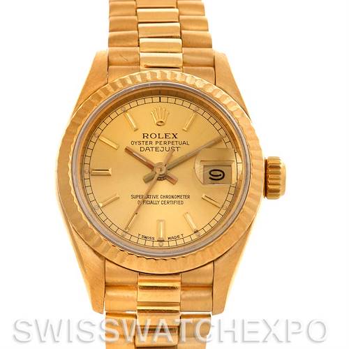 The Rolex President 69178 Women's Yellow Gold Champagne Dial 69178 Women's Yellow Gold Champagne Dial model watch is shown from a straight-on angle, displaying the face, bezel, and part of the bracelet.