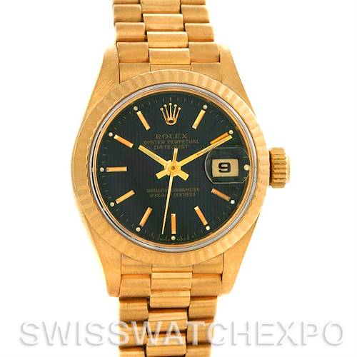 The photo shows a front view of a Rolex President 69178 Women's Yellow Gold Black Dial 69178 Women's Yellow Gold Black Dial model watch, highlighting its face, bezel, crown, and bracelet.