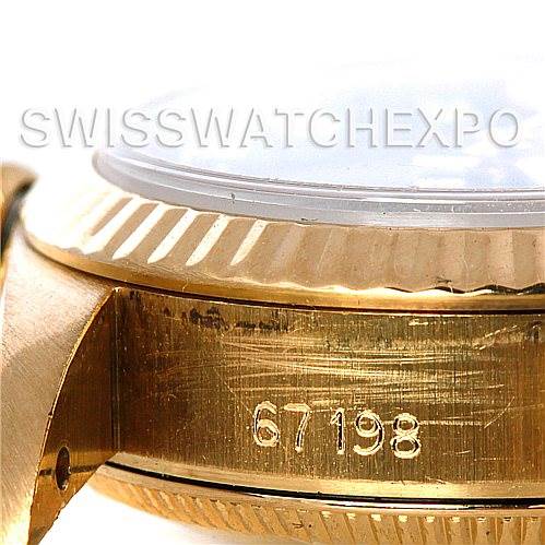 The image shows a close-up side view of the Rolex President 67198 Women's Yellow Gold Blue Dial 67198 Women's Yellow Gold Blue Dial watch, highlighting its gold case and serial number "67198".
