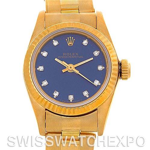 This image shows a front view of the Rolex President 67198 Women's Yellow Gold Blue Dial 67198 Women's Yellow Gold Blue Dial model watch, featuring a gold case and bracelet with a blue dial and diamond hour markers.