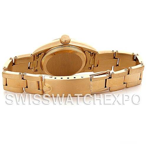 The image shows the back case and bracelet of a Rolex President 67198 Women's Yellow Gold Blue Dial 67198 Women's Yellow Gold Blue Dial model watch from a rear angle.