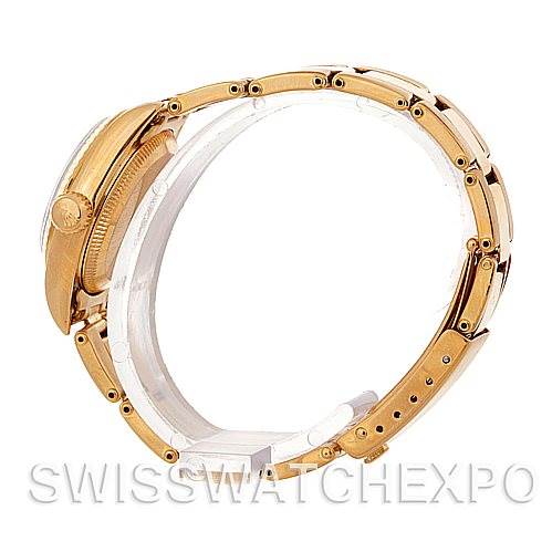 The image shows a side view of a Rolex President 67198 Women's Yellow Gold Blue Dial 67198 Women's Yellow Gold Blue Dial model watch, highlighting the crown and bracelet.