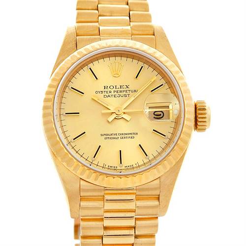 The Rolex President 69178 Women's Yellow Gold Champagne Dial 69178 Women's Yellow Gold Champagne Dial model watch is shown from a front angle, displaying the dial, hands, date window, crown, and bracelet.
