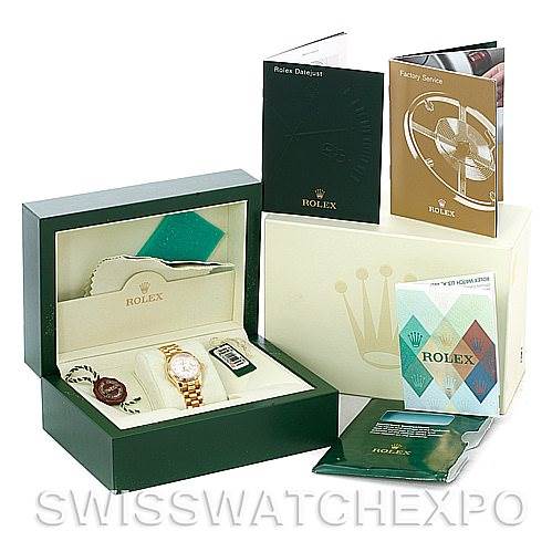 This image shows a Rolex President 179178 Women's Yellow Gold Silver Dial 179178 Women's Yellow Gold Silver Dial model watch in its box, accompanied by manuals, tags, and a warranty card.
