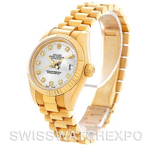 The image presents a Rolex President 179178 Women's Yellow Gold Silver Dial 179178 Women's Yellow Gold Silver Dial model watch in a side-angle view, showcasing the face, crown, and bracelet.