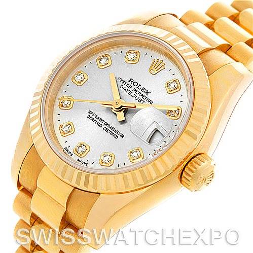 This image shows a Rolex President 179178 Women's Yellow Gold Silver Dial 179178 Women's Yellow Gold Silver Dial model watch at a slight angle, highlighting its face, bezel, crown, and parts of the bracelet.