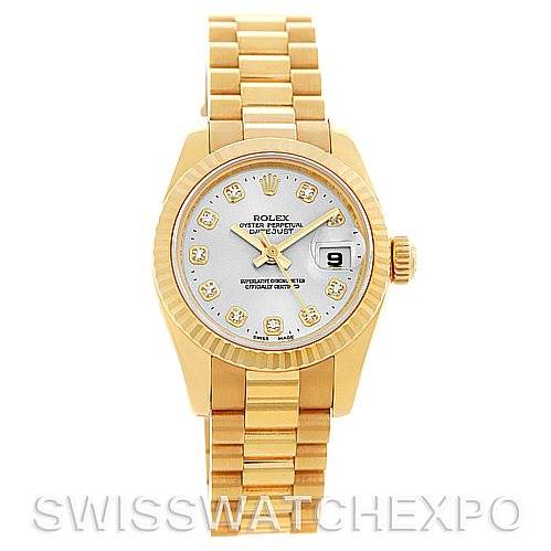 The image shows the Rolex President 179178 Women's Yellow Gold Silver Dial 179178 Women's Yellow Gold Silver Dial model watch from a top-down angle, displaying the face, bezel, and bracelet.