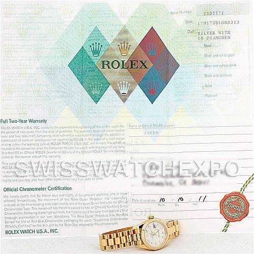The image shows a Rolex President 179178 Women's Yellow Gold Silver Dial 179178 Women's Yellow Gold Silver Dial model watch along with its warranty and certification documents.