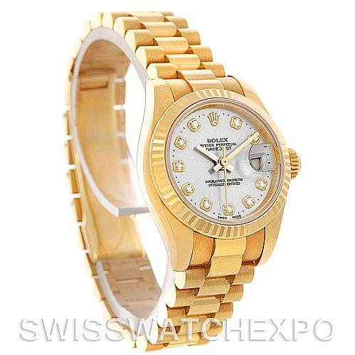 The Rolex President 179178 Women's Yellow Gold Silver Dial 179178 Women's Yellow Gold Silver Dial model watch is shown at a three-quarter angle, displaying its face, bezel, and bracelet.