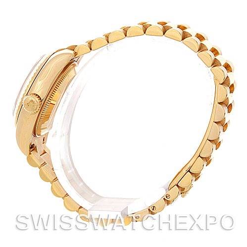 This image shows a side view of the Rolex President 179178 Women's Yellow Gold Silver Dial 179178 Women's Yellow Gold Silver Dial model, highlighting the bracelet and case.