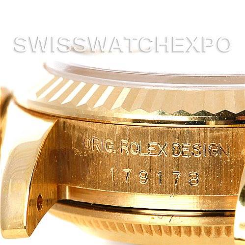 This image shows a close-up of the side of a Rolex President 179178 Women's Yellow Gold Silver Dial 179178 Women's Yellow Gold Silver Dial model watch, focusing on the engraved branding and model number.