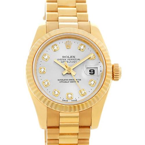 This image shows a front view of the Rolex President 179178 Women's Yellow Gold Silver Dial 179178 Women's Yellow Gold Silver Dial model watch, displaying its dial, bezel, and bracelet.