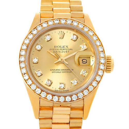 The image shows a frontal view of a Rolex President 69278 Women's Yellow Gold Champagne Dial 69278 Women's Yellow Gold Champagne Dial model watch, displaying the dial, bezel, hands, and bracelet.