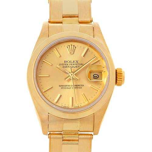 The image shows a front view of a Rolex President 69168 Women's Yellow Gold Champagne Dial 69168 Women's Yellow Gold Champagne Dial model watch, highlighting its gold dial, hands, date window, and bracelet.