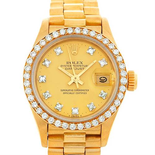 The image shows a front view of a Rolex President 69138 Women's Yellow Gold Champagne Dial 69138 Women's Yellow Gold Champagne Dial model watch, featuring its dial, bezel, and bracelet.