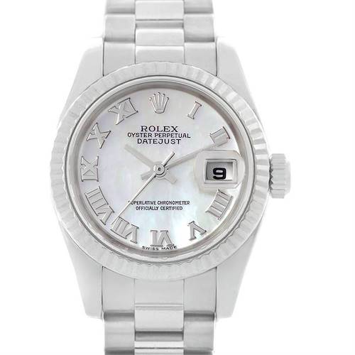 The image shows a frontal view of the Rolex President 179179 Women's White Gold Mother of Pearl Dial 179179 Women's White Gold Mother of Pearl Dial model, showcasing the dial, hands, date window, case, and part of the bracelet.