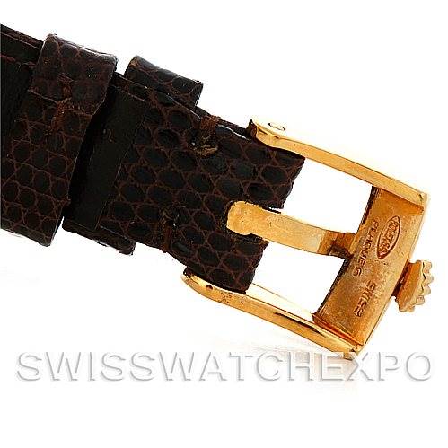 This is a close-up image of a Rolex President 6719 Women's Yellow Gold Champagne Dial 6719 Women's Yellow Gold Champagne Dial model leather strap and gold buckle.