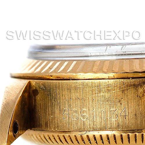 The image shows a close-up of the gold case side and bezel of a Rolex President 6719 Women's Yellow Gold Champagne Dial 6719 Women's Yellow Gold Champagne Dial model watch with visible serial numbers.