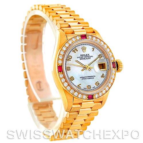 This image shows a side and partial front view of a Rolex President 69068 Women's Yellow Gold Mother of Pearl Dial 69068 Women's Yellow Gold Mother of Pearl Dial Datejust watch, showcasing its gold band and diamond-encrusted bezel.