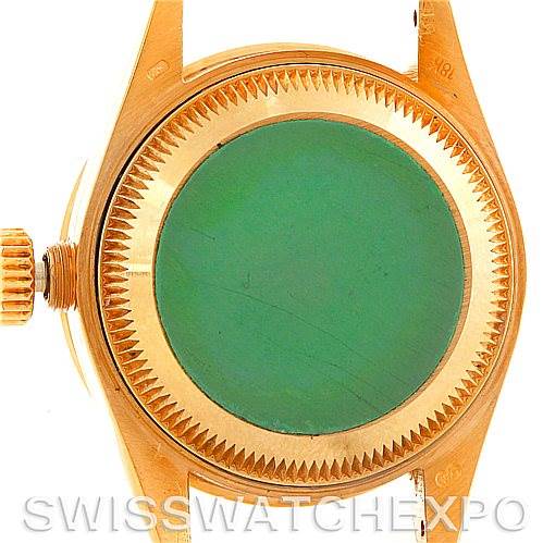 This image shows the back view of a Rolex President 69068 Women's Yellow Gold Mother of Pearl Dial 69068 Women's Yellow Gold Mother of Pearl Dial watch case without the bracelet, displaying the screw-down crown and seal.