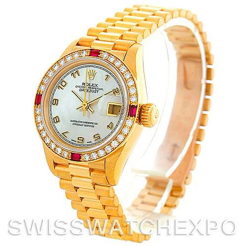 The image shows a Rolex President 69068 Women's Yellow Gold Mother of Pearl Dial 69068 Women's Yellow Gold Mother of Pearl Dial model watch at an angled side view, showcasing the watch face, bezel, crown, and bracelet.