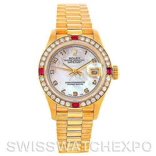 This image shows a frontal view of a Rolex President 69068 Women's Yellow Gold Mother of Pearl Dial 69068 Women's Yellow Gold Mother of Pearl Dial model watch, highlighting its gold case, diamond bezel, and gold bracelet.