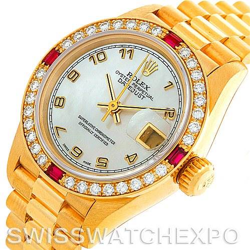 The image shows a Rolex President 69068 Women's Yellow Gold Mother of Pearl Dial 69068 Women's Yellow Gold Mother of Pearl Dial model watch at an angled top view, highlighting the face, bezel, and bracelet.