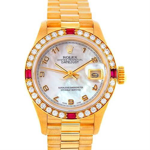This image shows a Rolex President 69068 Women's Yellow Gold Mother of Pearl Dial 69068 Women's Yellow Gold Mother of Pearl Dial model Datejust watch, front view, displaying the dial, bezel, hands, and bracelet.