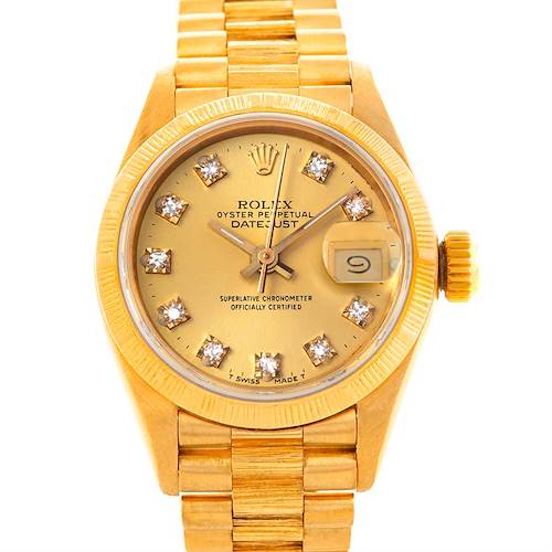 The image shows a frontal view of a Rolex President 69278 Women's Yellow Gold Champagne Dial 69278 Women's Yellow Gold Champagne Dial model watch, highlighting the gold face, diamond indices, date window, and bracelet.