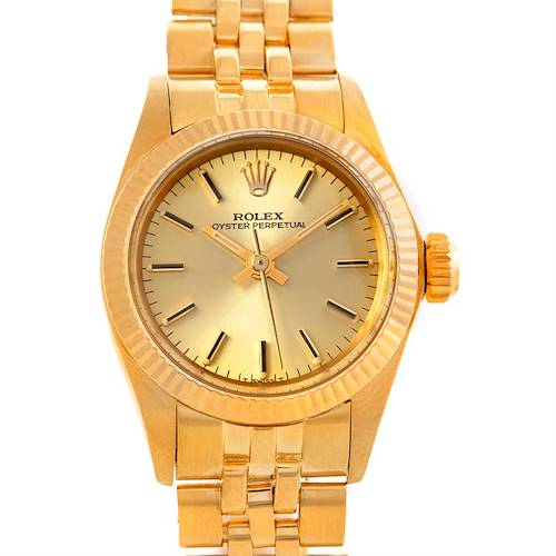 This image shows a frontal view of a gold Rolex President 6719 Women's Yellow Gold Champagne Dial 6719 Women's Yellow Gold Champagne Dial model watch, highlighting the dial, bezel, and bracelet.