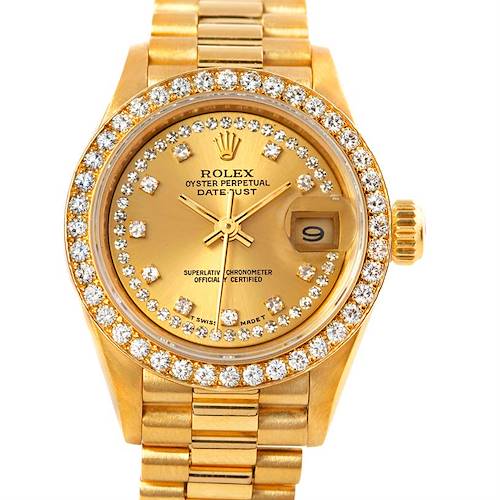 The Rolex President 69138 Women's Yellow Gold Champagne Dial 69138 Women's Yellow Gold Champagne Dial model is shown from the front, displaying the face, bezel, date window, and part of the bracelet.