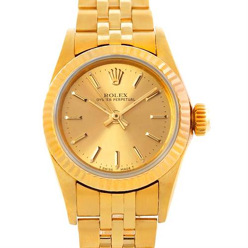 This image shows a front view of the Rolex President 67197 Women's Yellow Gold Champagne Dial 67197 Women's Yellow Gold Champagne Dial model, displaying the gold-tone dial, bezel, and part of the bracelet.