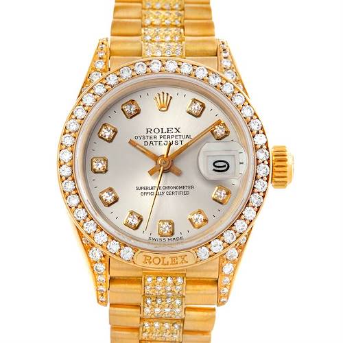 The image shows a frontal view of a Rolex President 69158 Women's Yellow Gold Champagne Dial 69158 Women's Yellow Gold Champagne Dial Datejust watch, featuring a diamond bezel and gold bracelet.