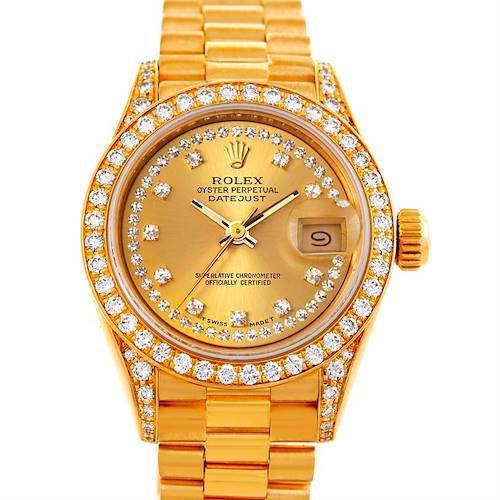 This image shows a frontal view of a Rolex President 69158 Women's Yellow Gold Champagne Dial 69158 Women's Yellow Gold Champagne Dial model watch, highlighting the dial, bezel, and bracelet.