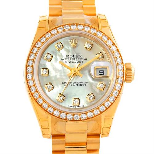 The image shows a frontal view of a Rolex President 179138 Women's Yellow Gold Mother of Pearl Dial 179138 Women's Yellow Gold Mother of Pearl Dial model watch, featuring its dial, bezel, crown, and part of the bracelet.