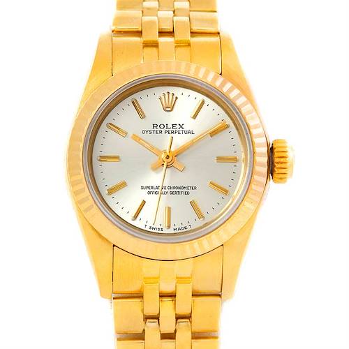 The image shows a front view of a Rolex President 67197 Women's Yellow Gold Silver Dial 67197 Women's Yellow Gold Silver Dial Oyster Perpetual watch, highlighting its dial, hands, and bracelet.