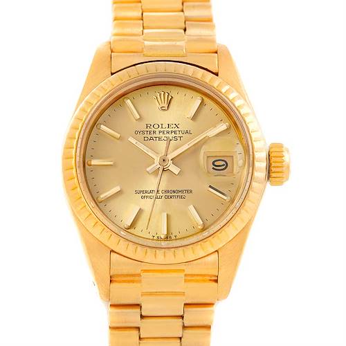 The image shows a front view of the Rolex President 6917 Women's Yellow Gold Champagne Dial 6917 Women's Yellow Gold Champagne Dial model watch, highlighting its gold case, dial, and bracelet.