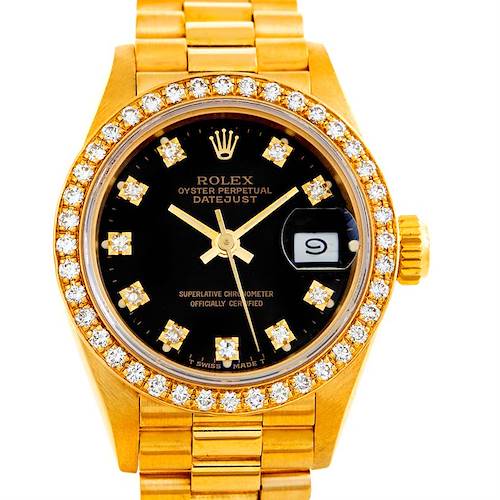 The image shows a front view of the Rolex President 69178 Women's Yellow Gold Black Dial 69178 Women's Yellow Gold Black Dial model watch, highlighting its black dial, jeweled bezel, and gold bracelet.