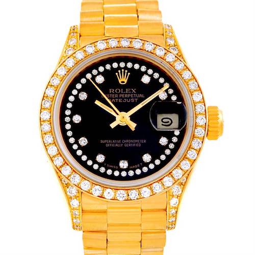 The Rolex President 69158 Women's Yellow Gold Black Dial 69158 Women's Yellow Gold Black Dial model watch is shown from a front angle, displaying the face, bezel, bracelet, and crown.