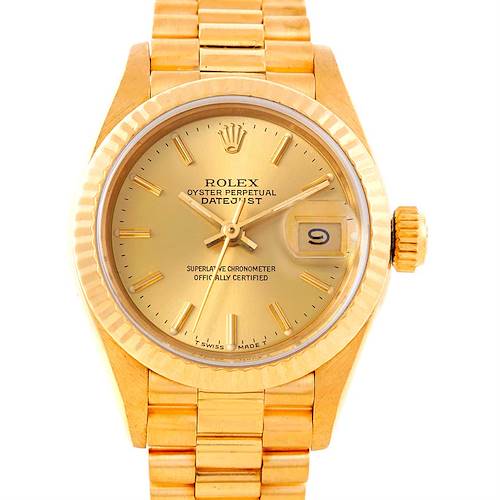 This image shows a front view of a Rolex President 69178 Women's Yellow Gold Champagne Dial 69178 Women's Yellow Gold Champagne Dial model watch, displaying its dial, bezel, crown, and bracelet.