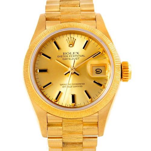 The image shows a front view of a Rolex President 69278 Women's Yellow Gold Champagne Dial 69278 Women's Yellow Gold Champagne Dial model watch, displaying the dial, hands, date window, and part of the bracelet.