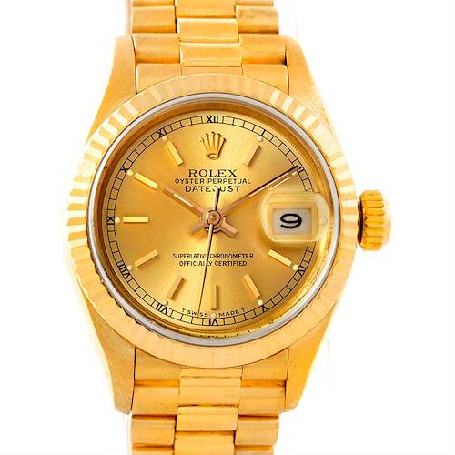 This image shows a frontal view of a Rolex President 69178 Women's Yellow Gold Champagne Dial 69178 Women's Yellow Gold Champagne Dial model watch, highlighting its gold dial and bracelet, date window, and fluted bezel.