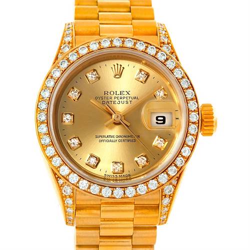 The image shows a frontal view of a Rolex President 69158 Women's Yellow Gold Champagne Dial 69158 Women's Yellow Gold Champagne Dial model watch, highlighting the dial, bezel, crown, and part of the bracelet.