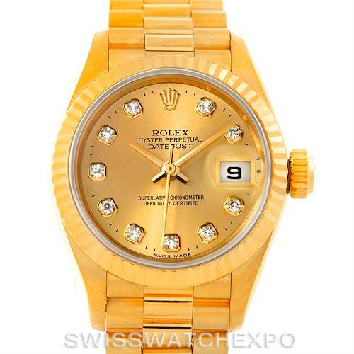 This image displays a Rolex President 69178 Women's Yellow Gold Champagne Dial 69178 Women's Yellow Gold Champagne Dial model watch face-on, highlighting its golden dial, bezel, and bracelet with diamond hour markers.