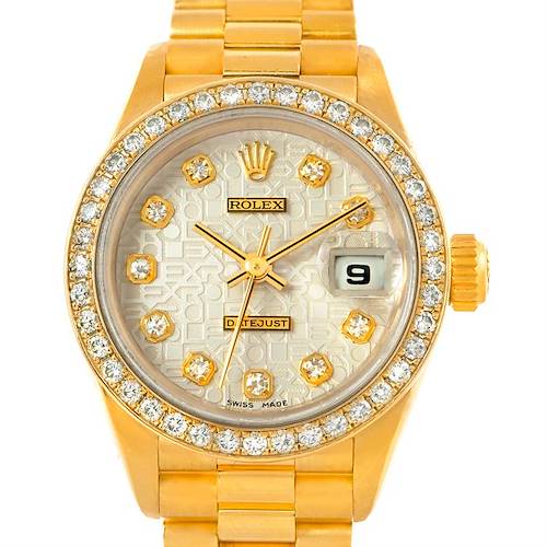 The image shows a front view of the Rolex President 69138 Women's Yellow Gold Beige Dial 69138 Women's Yellow Gold Beige Dial model watch, featuring its face, bezel, and bracelet.