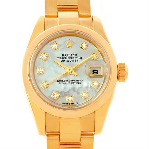 This image shows a head-on view of a Rolex President 179168 Women's Yellow Gold Mother of Pearl Dial 179168 Women's Yellow Gold Mother of Pearl Dial model watch, displaying the face, bezel, dial, and part of the bracelet.