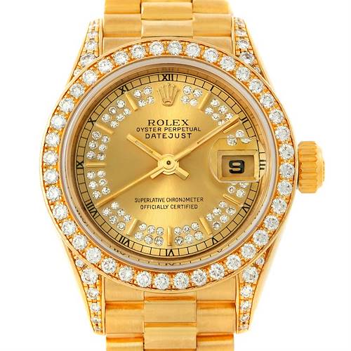 The Rolex President 69158 Women's Yellow Gold Champagne Dial 69158 Women's Yellow Gold Champagne Dial model is shown from a top-down angle, highlighting its golden oyster perpetual Datejust dial with diamond accents and bracelet.