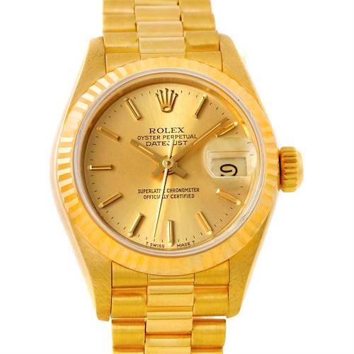 The image shows a front view of a Rolex President 69178 Women's Yellow Gold Champagne Dial 69178 Women's Yellow Gold Champagne Dial model watch, displaying the dial, hands, date, and the bracelet.