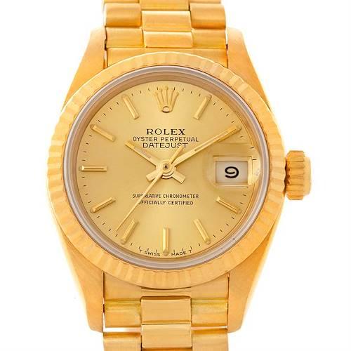 The image shows a Rolex President 69178 Women's Yellow Gold Champagne Dial 69178 Women's Yellow Gold Champagne Dial model watch from a front angle, highlighting the dial, hands, date window, and bracelet.