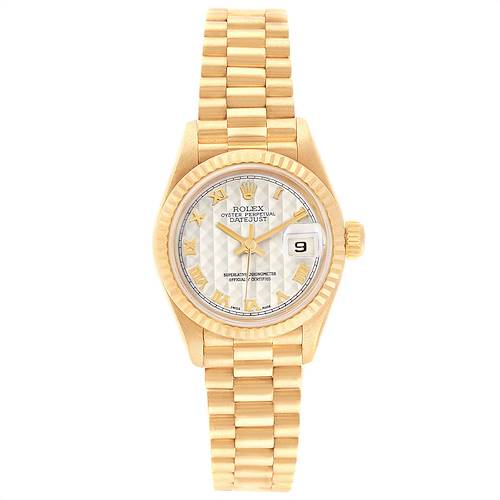 The image shows a frontal view of a gold Rolex President 69178 Women's Yellow Gold Beige Dial 69178 Women's Yellow Gold Beige Dial Datejust watch, displaying the dial, bezel, and bracelet.